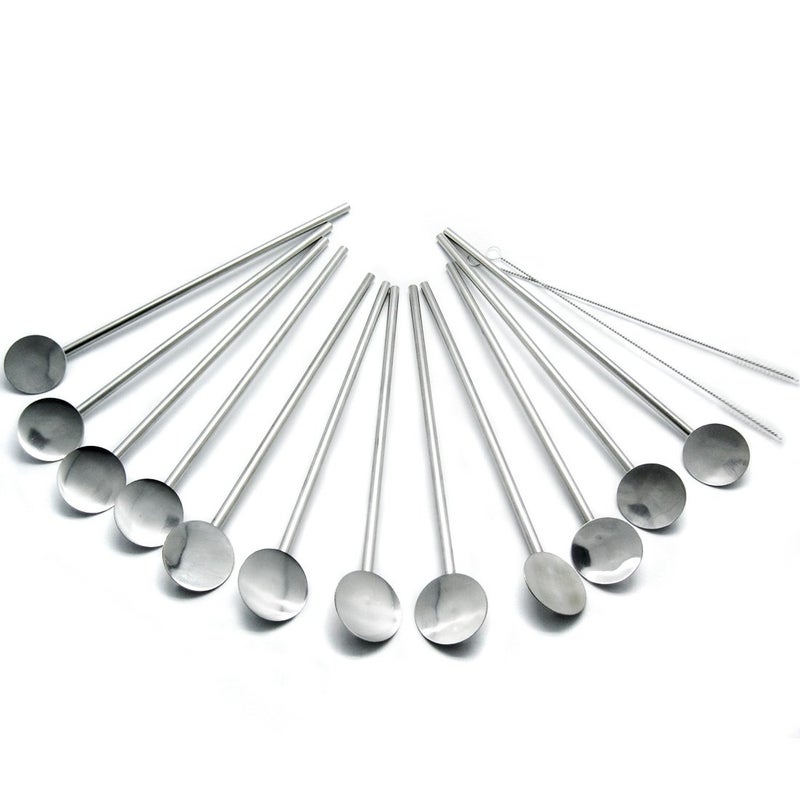 kilofly 12 pcs Bar Spoon Straws Reusable Stainless Steel Long Handle + 2 Cleaning Brushes - Image 1